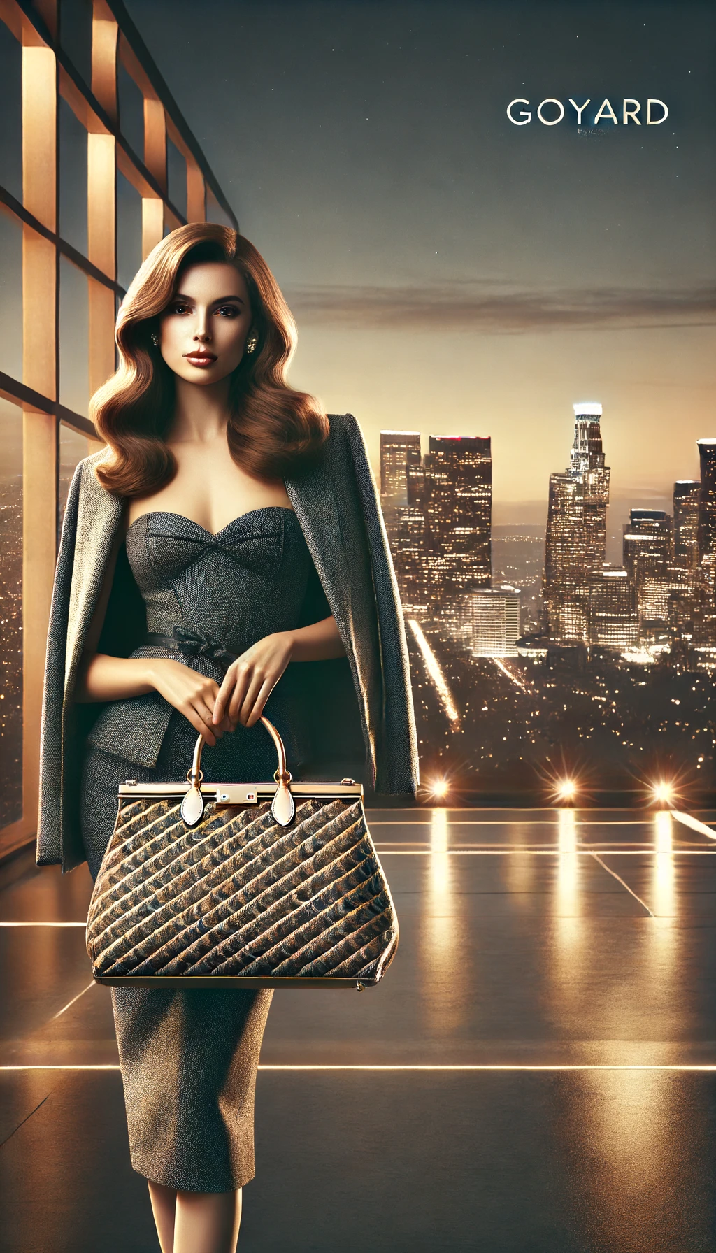 AIが描いたゴヤールのトランクとバッグのイメージ（ブランドの象徴的なモノグラム柄を再現）