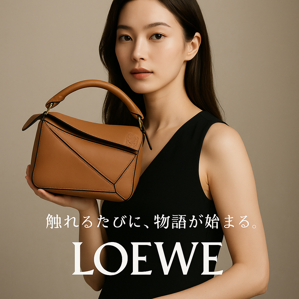 ロエベのバッグを持つ美しい女性モデルのイメージ（AI生成画像）