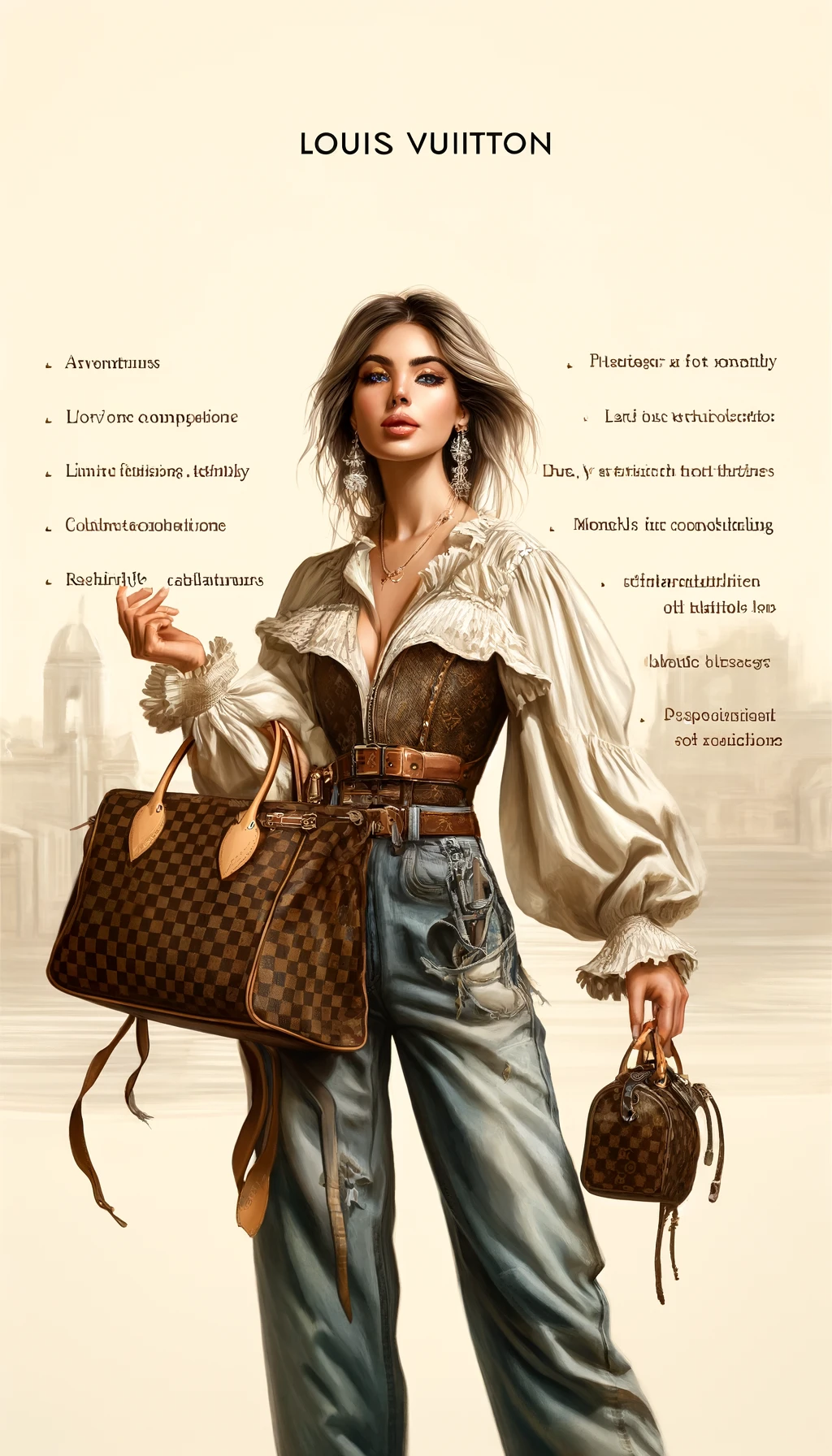AI生成によるルイ・ヴィトン風ファッション女性のイメージ画像