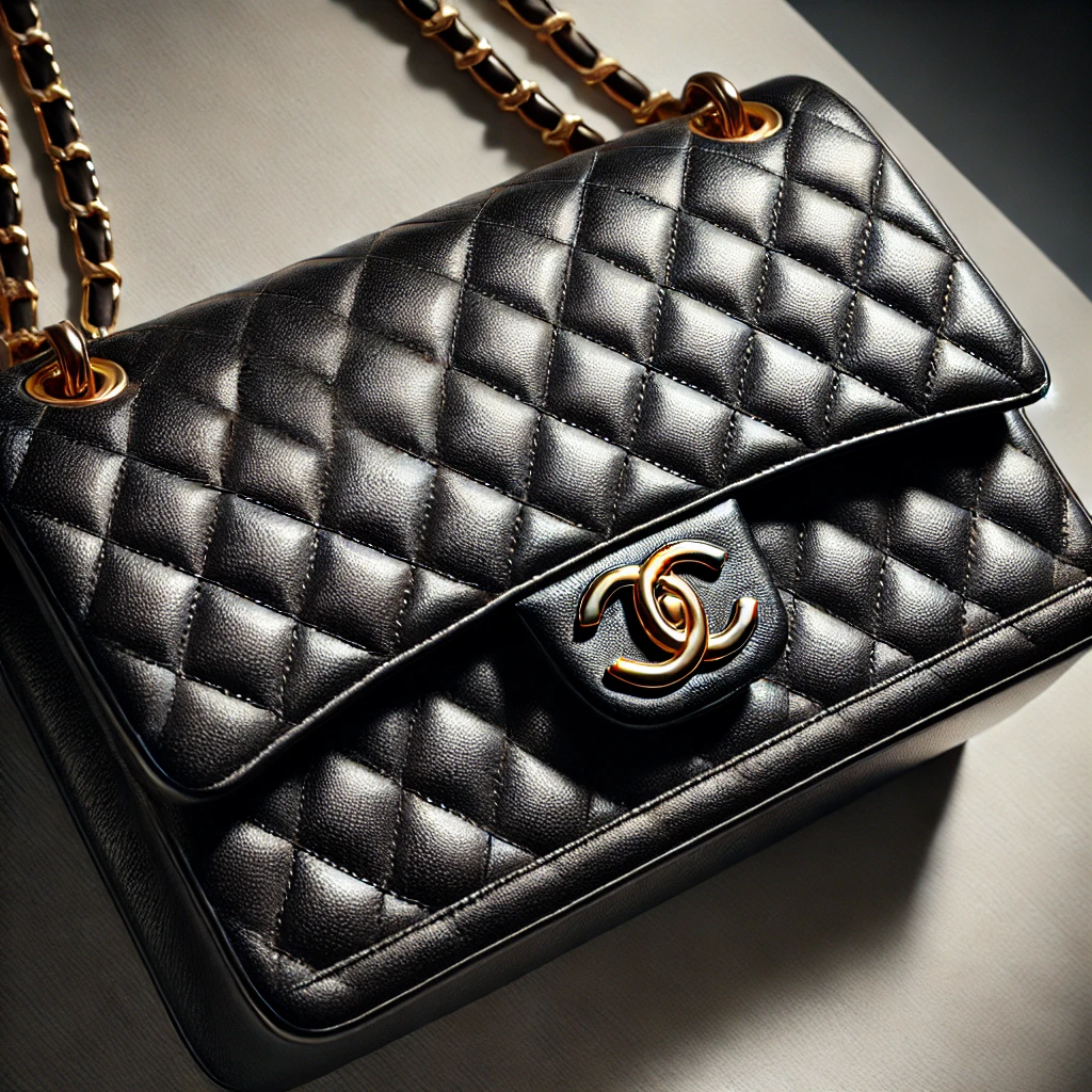 AIが描いた黒のレザー製シャネル「クラシックフラップバッグ」。キルティングの立体感と金色チェーンが上品に表現されたイメージ。