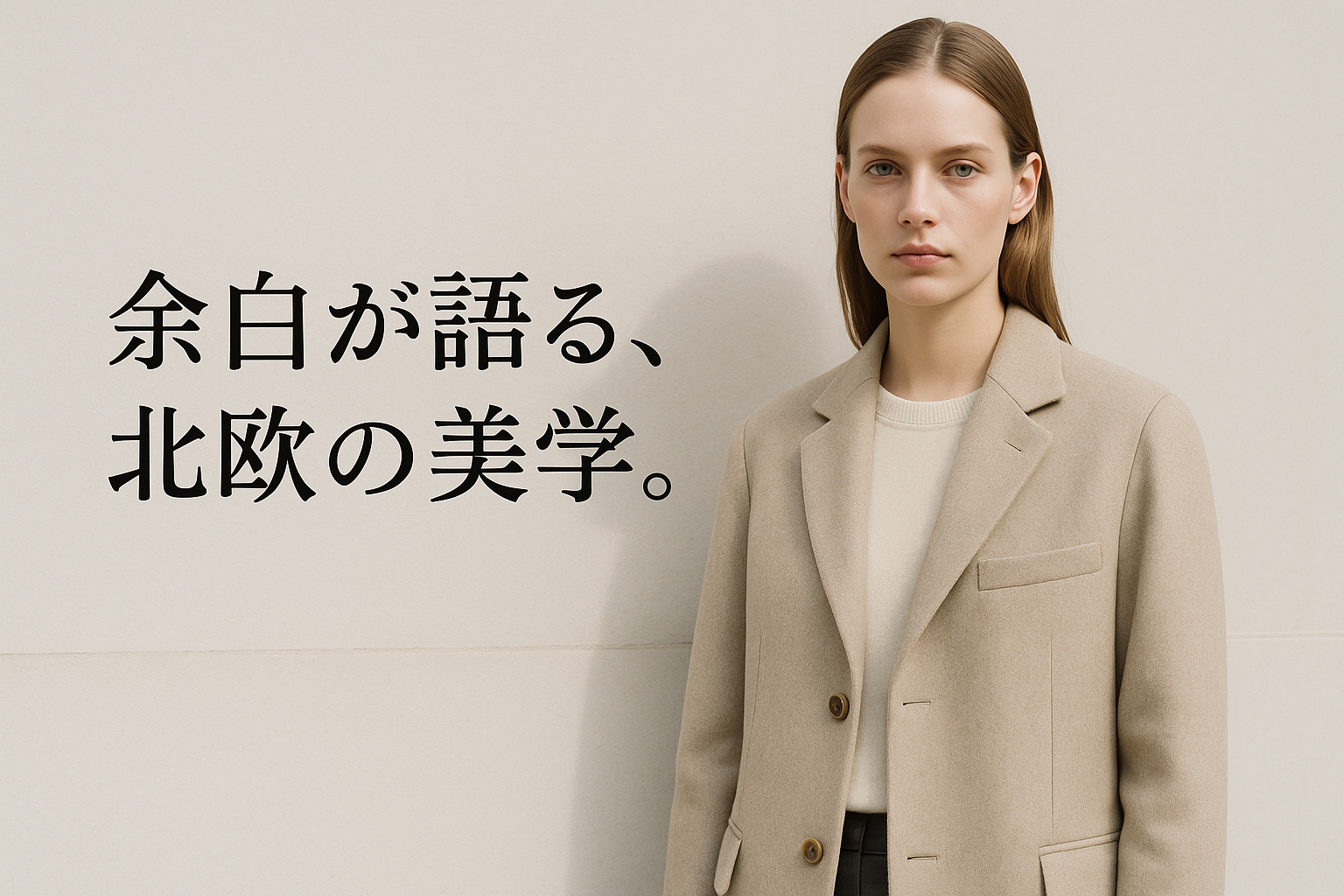 AIで作成されたイメージ｜アクネ・ストゥディオズを象徴する北欧ミニマルなコーディネートとキャッチコピー