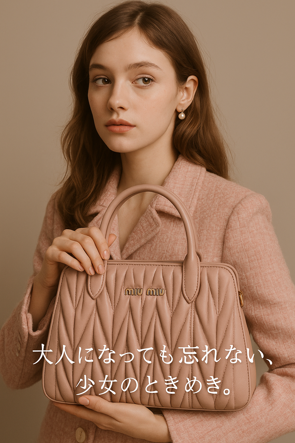 AIで作成されたイメージ画像｜ミュウミュウのピンクのマテラッセバッグを持つ女性とキャッチコピー