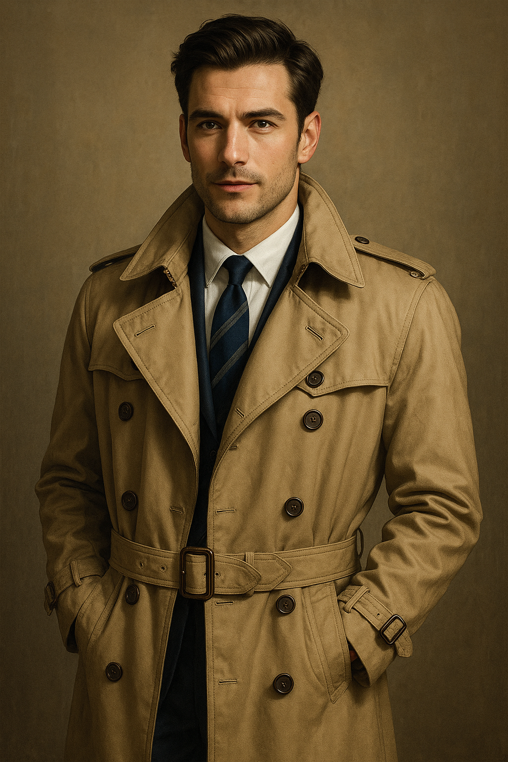 アクアスキュータムのトレンチコートを着用する男性モデルのイメージ（AI生成画像）