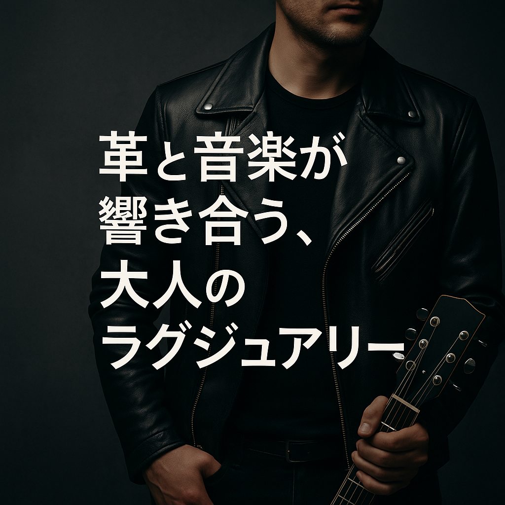 AIで作成されたイメージ｜ジョンバルベイトスを象徴する革ジャンとギターを持つ男性とキャッチコピー