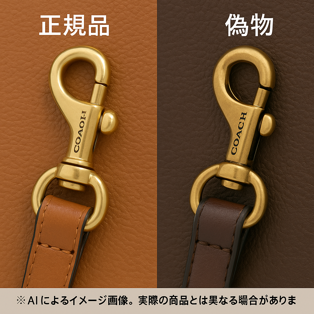 COACH金具の正規品と偽物比較（AIによるイメージ画像）