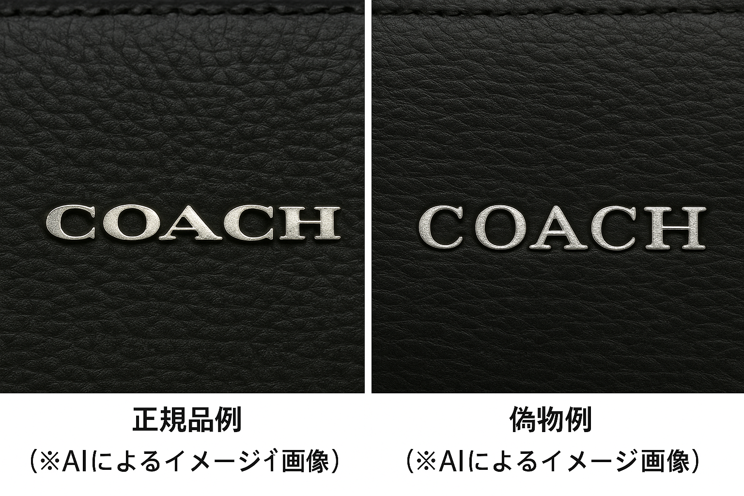 COACHロゴの正規品と偽物の比較（AIによるイメージ画像）