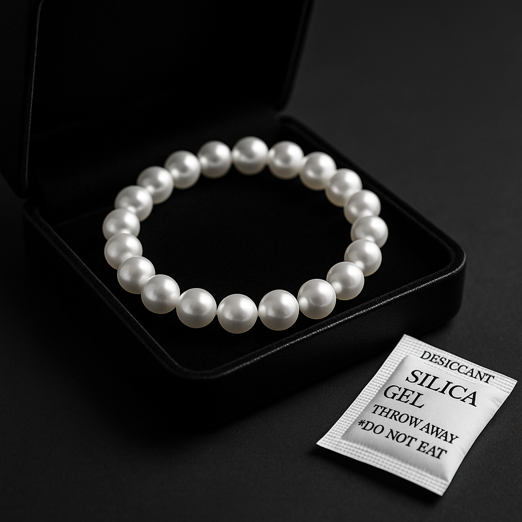 高級感ある白いパールネックレスが黒のジュエリーケースに置かれた構図