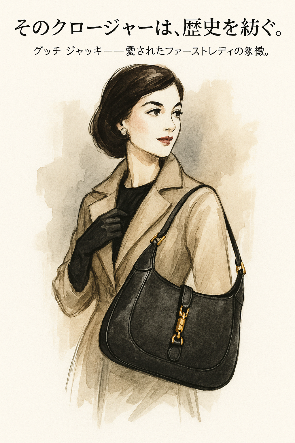 グッチ ジャッキー風バッグと女性を描いたファッションイラスト（AI生成イメージ）