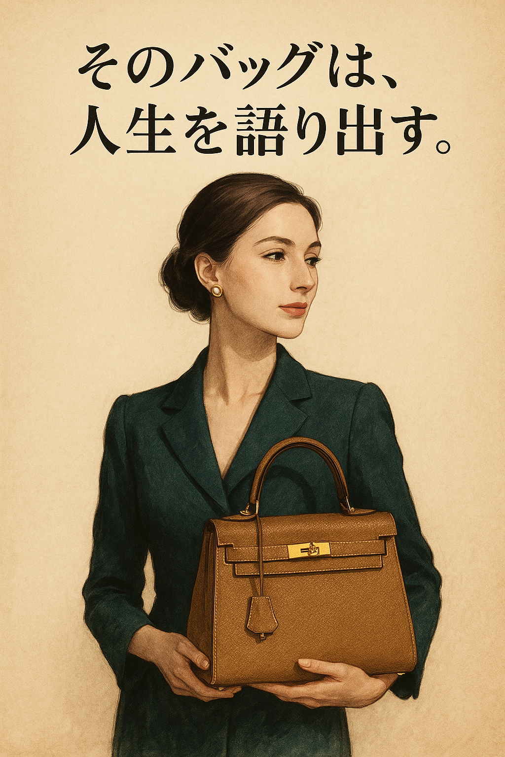 エルメス ケリー風バッグを持つ女性のイラスト（AI生成イメージ）