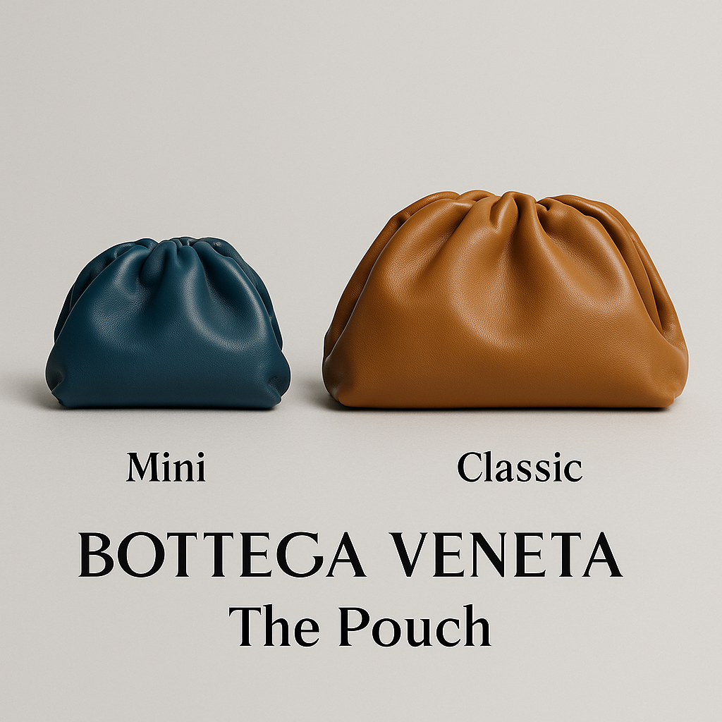 ボッテガ・ヴェネタ「ザ・ポーチ」ミニとクラシックサイズを並べたAI生成イメージ。サイズの違いと柔らかなレザー質感を比較できる。
