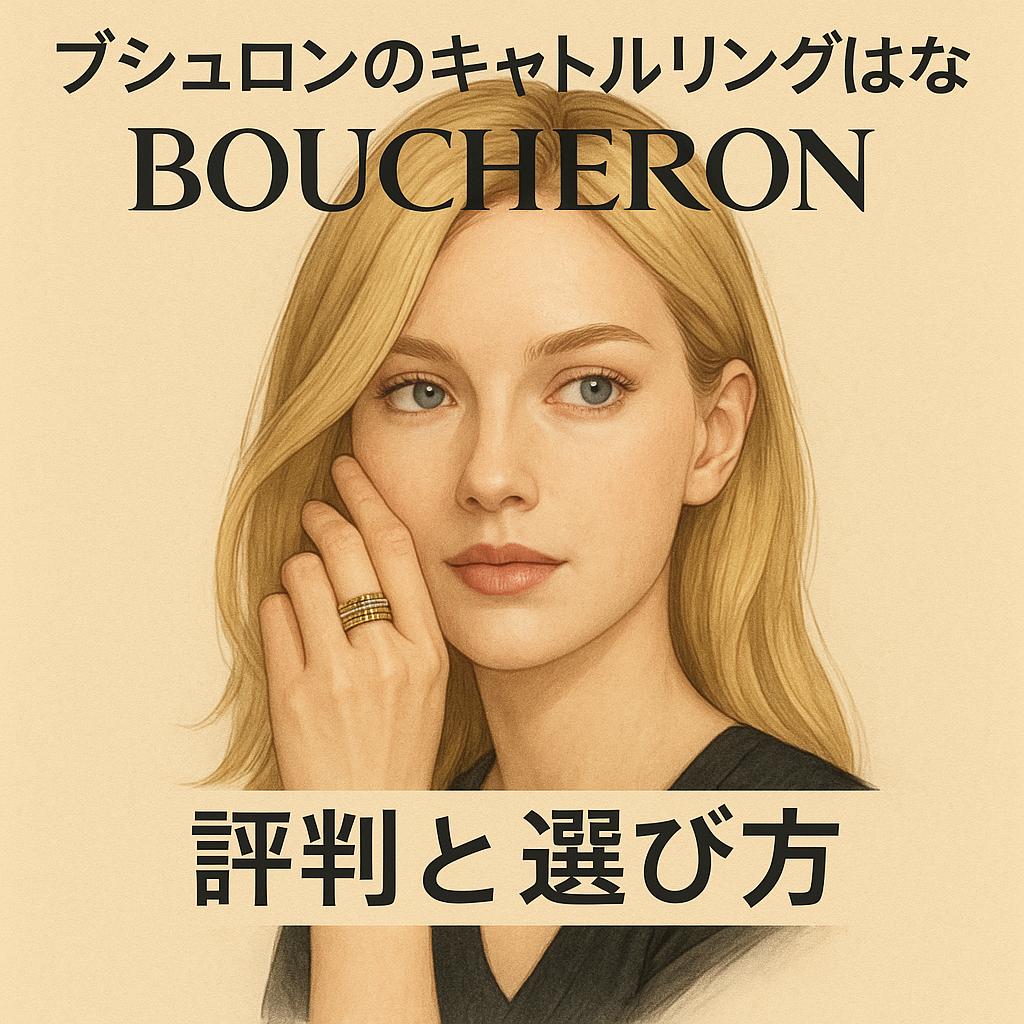 金髪の美しい外国人女性がブシュロンのキャトルリングを身につけているAI生成イラスト。上品で洗練された雰囲気のファッション雑誌風デザイン。