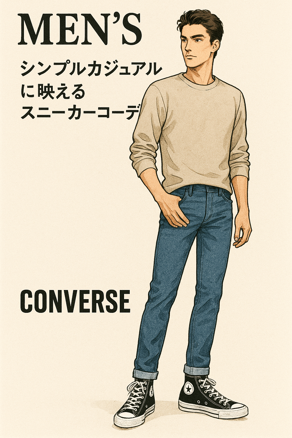 ファッション雑誌のイラスト風で、イケメン男性がコンバースのスニーカーをスタイリッシュに履きこなしているAI生成画像。足元のスニーカーに焦点を当てた構図。