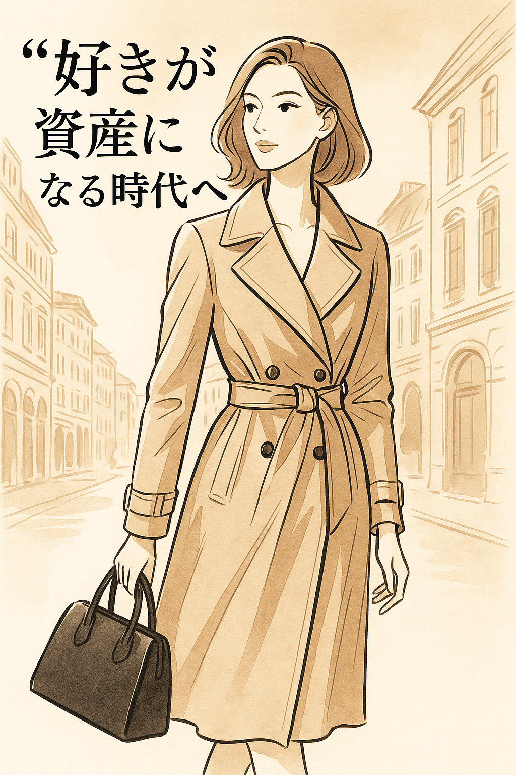 ベージュのトレンチコートを着た上品な女性がヨーロッパの街を歩くファッション誌風イラスト。「好きが資産になる時代へ」のキャッチコピー入り。AI生成画像。