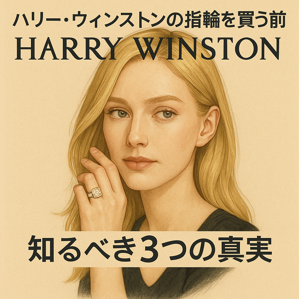金髪の美しい外国人女性がハリー・ウィンストンのダイヤモンドリングを身につけているAI生成イラスト。上品でラグジュアリーな雰囲気を表現。