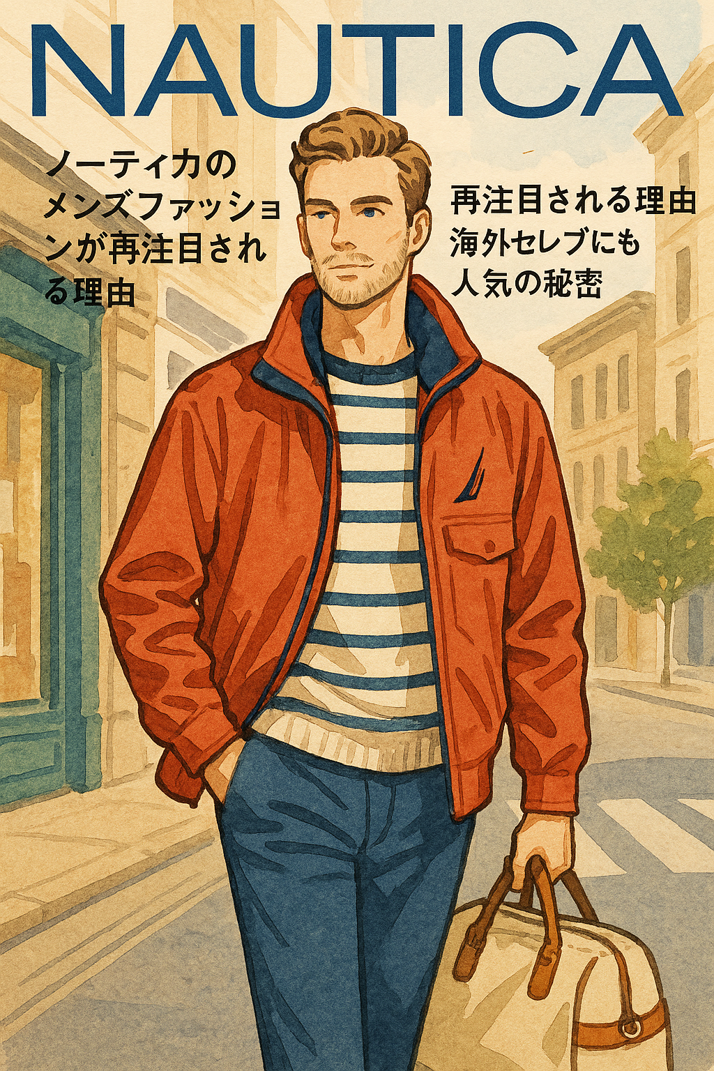 AI生成のファッション誌風イラスト。ノーティカのメンズファッションを着こなした男性が、マリンテイストの街並みを背景に歩く姿を描いている。