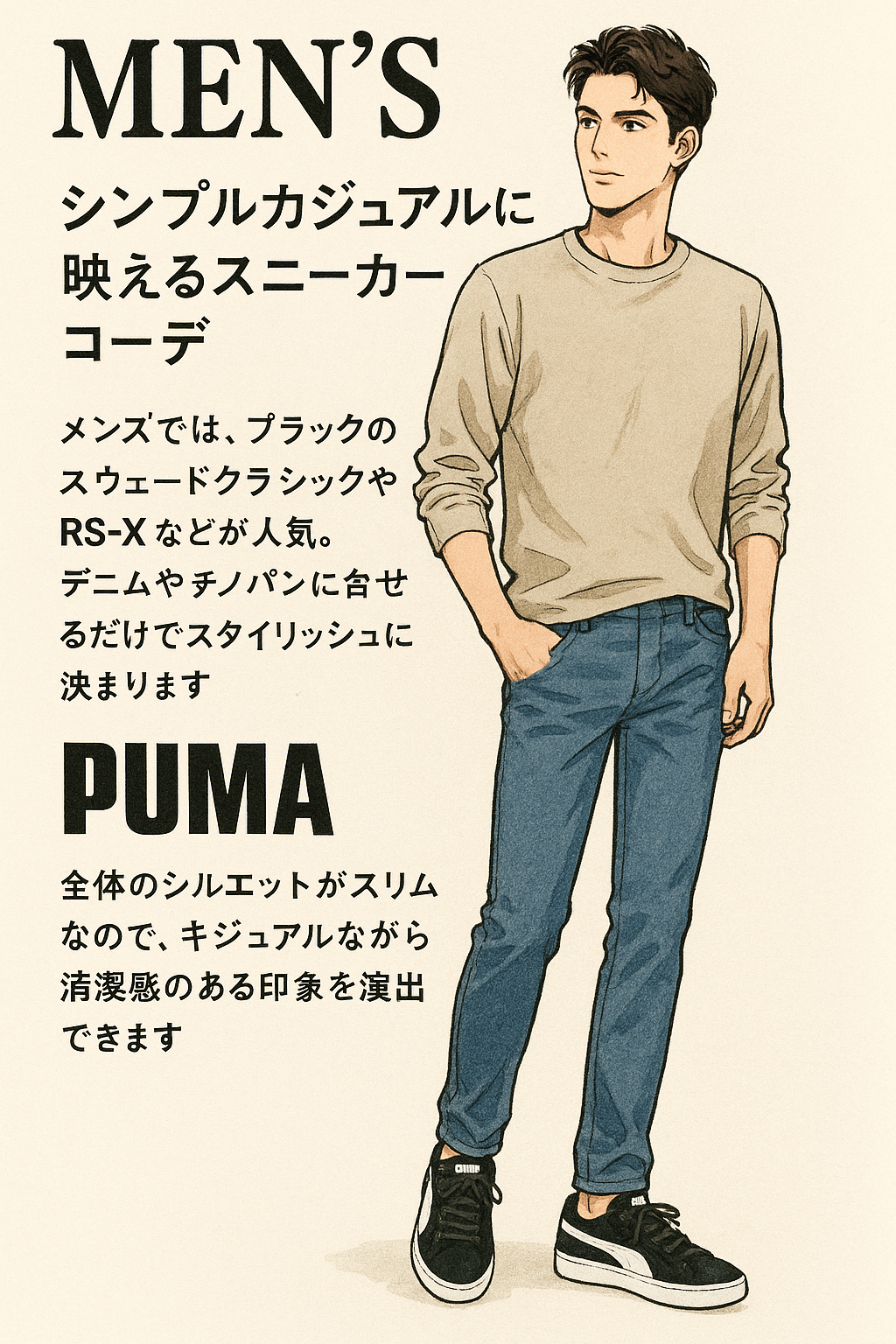 ファッション雑誌のイラスト風で、イケメン男性がPUMAのスニーカーを履きこなしているAI生成画像。シンプルで清潔感のあるカジュアルコーデ。