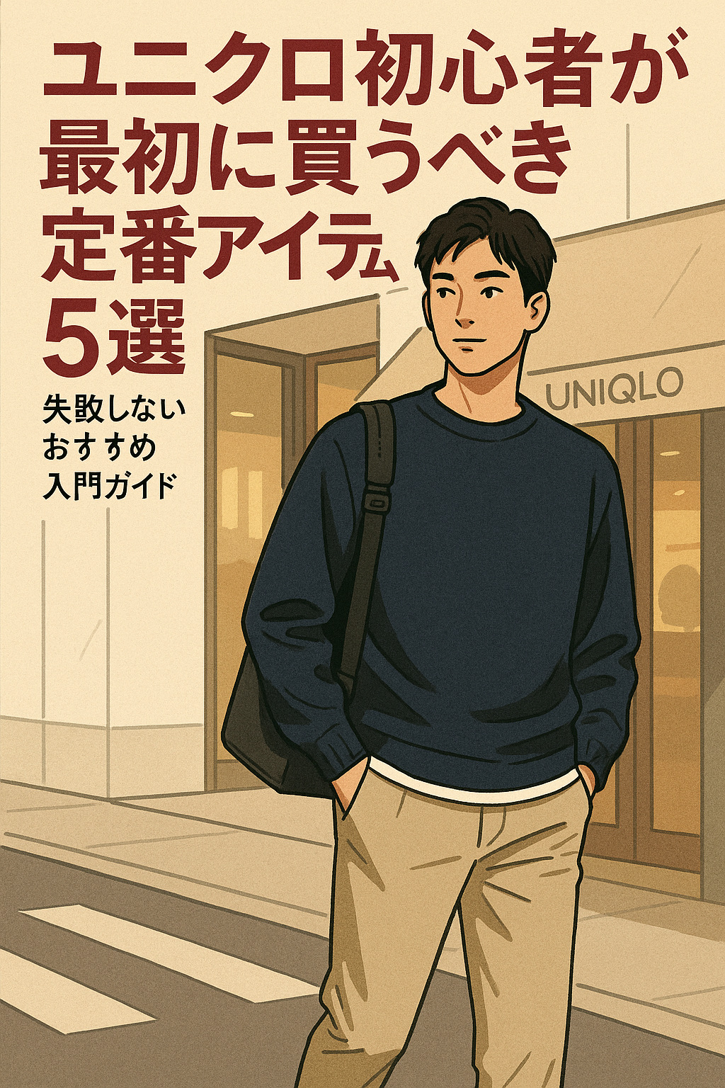 AI生成のファッション誌風イラスト。日本人男性モデルがユニクロの定番アイテムを着こなし、街のカフェ前で立つ姿を描いている。