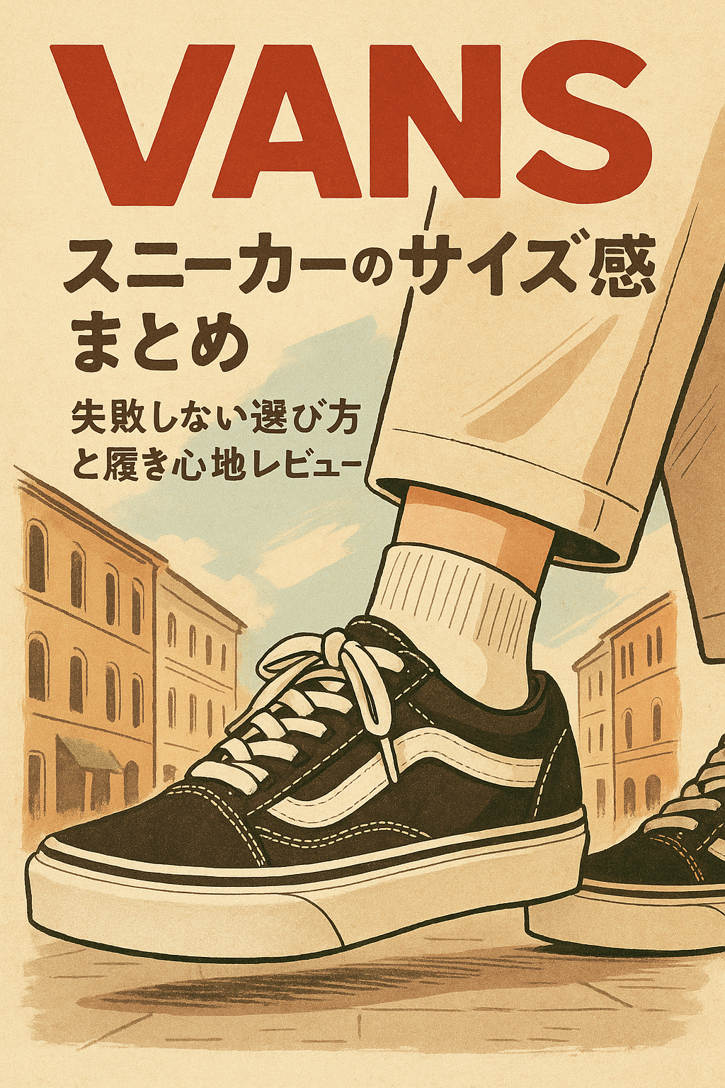 AI生成のファッション誌風イラスト。VANSスニーカーを履いた人物の足元を中心に描き、サイズ感と履き心地のテーマを表現している。