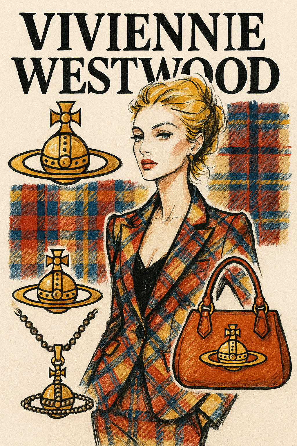 ビビアン・ウエストウッドの象徴であるオーブと赤いタータンチェックをモチーフにしたファッション雑誌風イラスト
