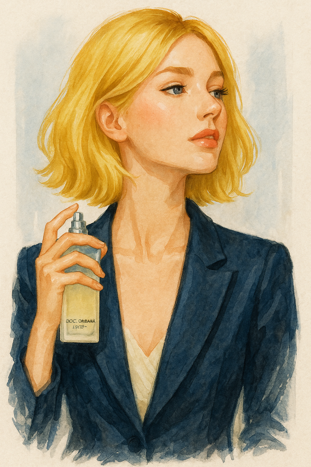AIが描いたドルチェ＆ガッバーナ『ライトブルー』の香水をつける金髪女性のイラスト。ファッション雑誌風で爽やかな印象。