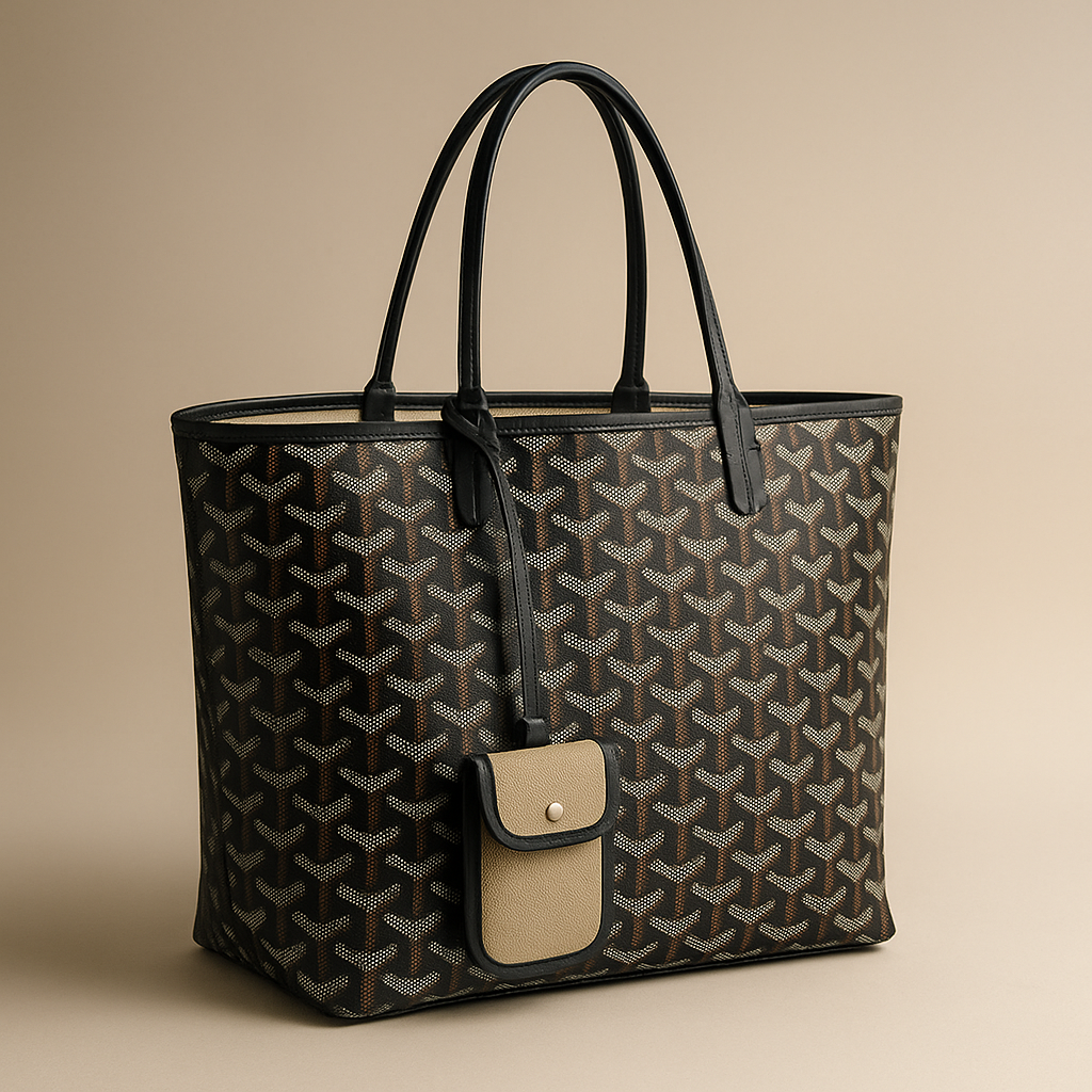 AIが描いたゴヤールのサン・ルイ トート風イメージ。Y字モノグラムが特徴の上品なトートバッグ。