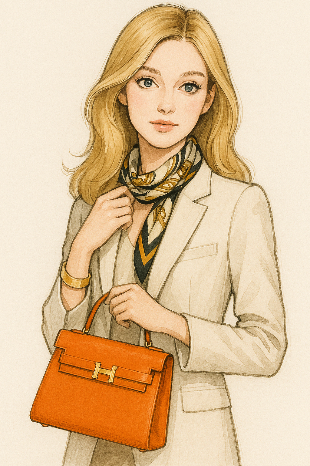 AIが描いたエルメスを身に着けた金髪の女性イラスト。優しい表情でぱっちりした目が印象的。オレンジのバッグとスカーフが上品なファッション雑誌風スタイル。