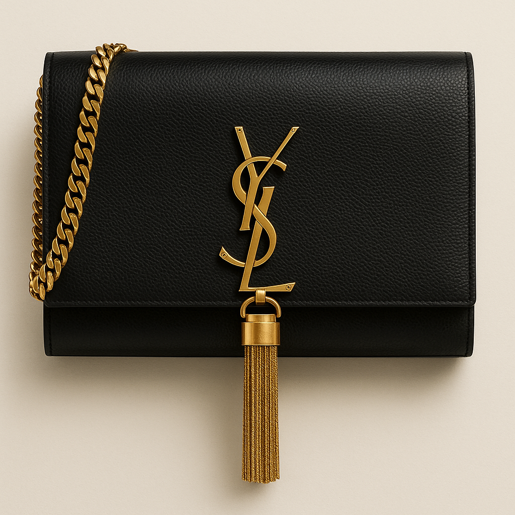 AIが描いた、サンローランのケイトバッグ（黒レザーにゴールドYSLロゴ）のイラスト