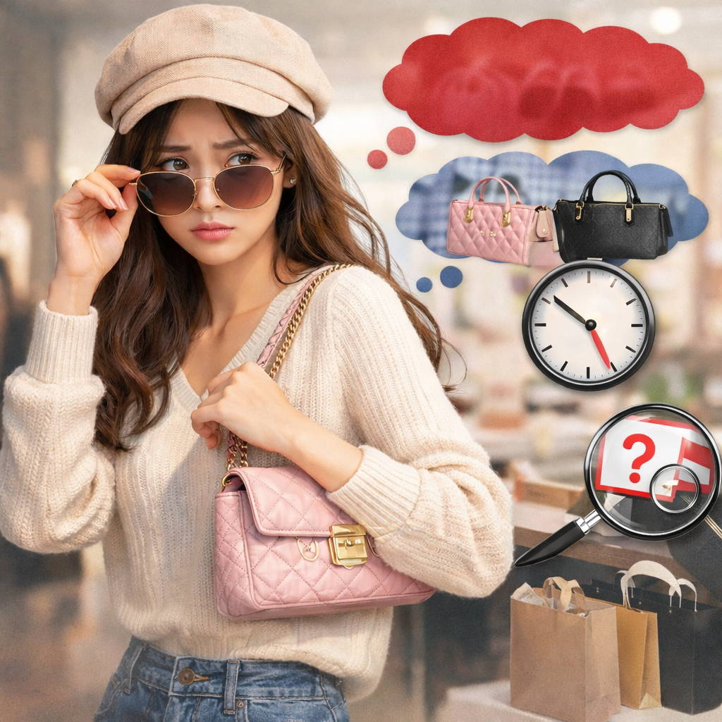 AIが生成したイメージ画像。Z世代の女性がバッグ選びに迷っている様子を表現したビジュアル。